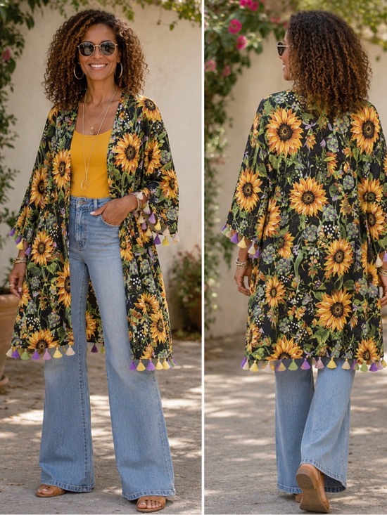 A Rare Bird Tops - A Rare Bird Sunflower & Sunshine Tassel Kimono Duster Sz O/S - NWT